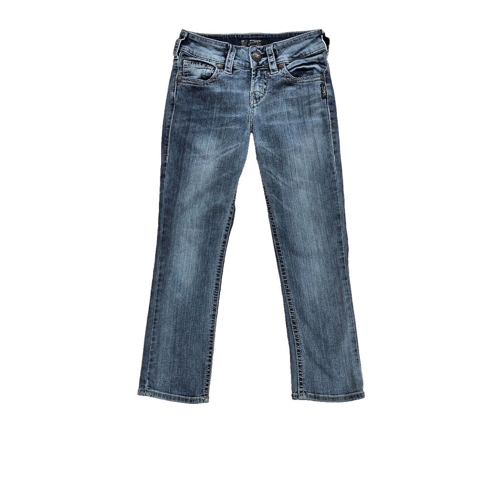 Silver Jeans Suki Mid Capri Women 25x22.5 Medium Wash Blue Crop Embroidered‎ EUC